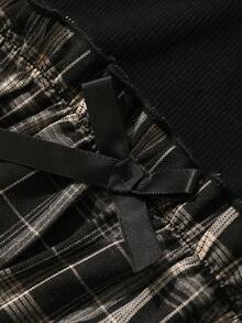 FRIFUL Women's Halter Neck Plaid Fabric Patchwork Puff Short Sleeve Fitted Waist Button Decor Sweet Spicy Style Summer T-Shirt Cute Top - Black - View 3