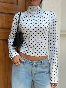Siren Gaze Damen Sommer Neu Polka Dot Ausgeschnitten Schnürung Langarm T-Shirt - Weiss - Übersicht 6