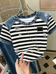 Franclia Camiseta casual de mujer de cuello redondo con parches, camiseta efecto denim, camiseta a rayas, camiseta casual cómoda para exteriores, camiseta para todas las estaciones - Azul Marino - Ver 3