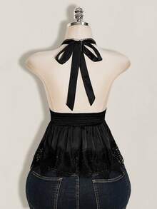 SHEIN ICON 女款素色深V領抓皺腰部性感掛脖上衣 - 黑色 - 查看 2