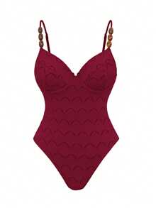 Swim Oasis 2pcs/Set Summer Vacation Sexy Underwire Backless Spaghetti Strap Women's One-Piece Swimsuit & Square Scarf Long Dress - Red - View 3