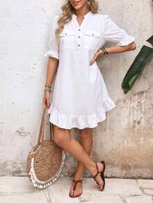 Breezaya Women's Button-Front V-Neck Utility Pocket Casual Denim Dress - White - View 8