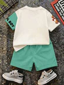 Baby Boy Casual Minimalist T-Shirt Set Suitable For Summer, Classic Color Block Patchwork Pattern Print, Cartoon Lion Pattern Print, COOL BOY - White - View 2