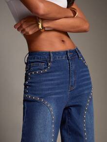 SHEIN BAE Women's Fashion Versatile Rivet Pocket Button Casual Denim Jeans - Medium Wash - View 6
