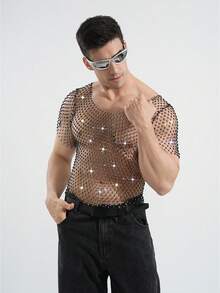 DSELFIQUE Herren glänzendes Strass-Fischernetz T-Shirt, sexy transparentes Mesh Rave, Musikfestival Kurzarm, Party Nachtclub Kleidung - Schwarz - Übersicht 5