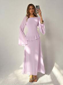 Aloruh Women's Elegant Off-Shoulder Flared Sleeve Ruffle Ruched-Back A-Line Lilac Extra Long Dress - Lilac Purple - View 9