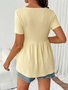 SHEIN Maternity Round Neck Short Sleeve Solid Color Textured High Waist Ruffle Hem T-Shirt - Yellow - View 2