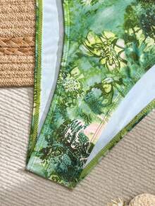 SHEIN Swim 春夏新款多色動物植物印花拼接數位印花半透明網紗顯瘦掛脖抓皺包臀鉛筆裙女款浪漫派對海灘度假三件式泳衣套裝 - 彩色 - 查看 5