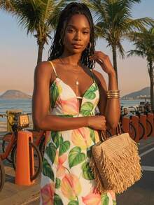 CAJUNI Women's Leaf Print Casual Tropical Vacation Daily Outing Beach Mini Strap Dress White Summer - Multicolor - View 1