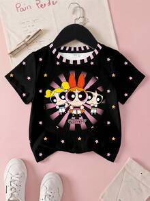 THE POWERPUFF GIRLS X SHEIN 年轻女孩休闲时尚街头日常通勤趣味卡通星星印花短袖T恤，夏季 - 白色 - 查看 1