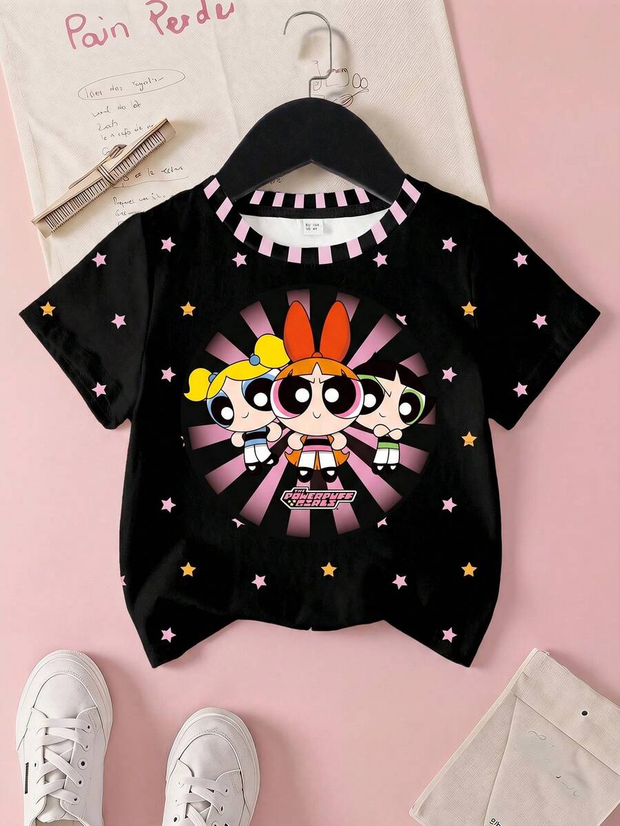 THE POWERPUFF GIRLS X SHEIN 年轻女孩休闲时尚街头日常通勤趣味卡通星星印花短袖T恤,夏季 - 白色 - 查看 1