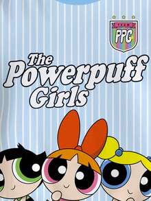 THE POWERPUFF GIRLS X SHEIN 青少年女孩休闲运动休闲撞色条纹卡通字母图案短袖 T 恤，夏季 - 白色 - 查看 4