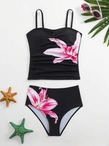 SHEIN 少女款波點兩件式比基尼泳衣，復古可愛修身設計，夏季游泳度假必備，清新風格經典黑白波點兒童泳衣，細肩帶上衣＋抓皺腰部，甜美優雅，適合泳池拍照、度假旅行、泳池派對與海邊游泳拍照 - 黑色 - 查看 4
