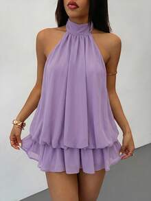 PETITE Vestido mini elegante de mujer de color amarillo claro con cuello halter y lazo, adecuado para fiestas, citas, otoño/invierno, primavera/verano - Púrpura polvoriento - Ver 5