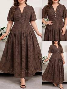 SHEIN Clasi Plus Size Summer Elegant Solid Color Cutout Dress - Coffee Brown - View 7