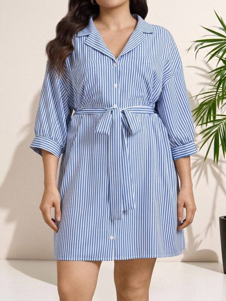 smart casual shirt dress Comfylo Plus Size Striped Front Button Dress,Blue And White,Autumn,Smart Casual,Everyday Commuting Teacher Outfits Business Office Lady Elegant 15 Amazon Outfits That'll RD-03.29.24 including black Color:As Photo(Purple