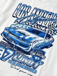 Young Boy Casual Simple T-Shirt Set, Classic Retro Racing Pattern Print, Handsome Retro Racing Checkered Flag Pattern Print, Suitable For Spring And Summer, Suitable For Sports - Multicolor - View 7