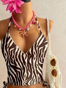 Soleia Set Baju Renang Wanita Motif Zebra Vintage, Cocok untuk Jalan-jalan, Liburan Pantai, Gaya Chic, Pesta Kapal Pesiar, Baju Renang Liburan untuk Wanita - MultiWarna - View 5