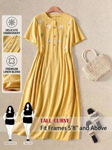 SHEIN Tall CURVE Plus Size Women Floral Print Short Sleeve Button Front Casual Capsule Wardrobe 90s 1950s Vintage Boho Cute Cottage Core Dress Yellow Summer - Yellow - View 1