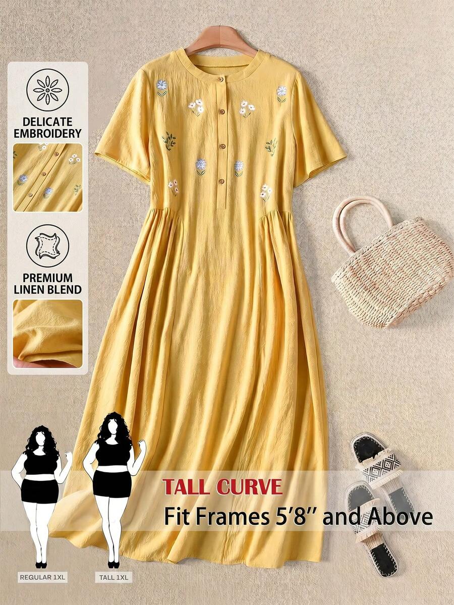 SHEIN Tall CURVE Plus Size Women Floral Print Short Sleeve Button Front Casual Capsule Wardrobe 90s 1950s Vintage Boho Cute Cottage Core Dress Yellow Summer - Yellow - View 1