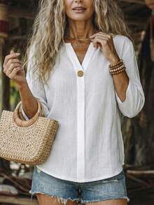 EMERY ROSE Women's Solid Color V-Neck 3/4 Sleeve Casual Shirt - White - View 4