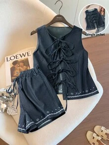GlowEve 女款刺繡時尚端莊休閒可愛百搭繫帶牛仔背心外套，深藍色，適合約會與日常，夏季穿搭 - 藍色 - 查看 1