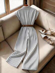 SHEIN Holidaya Women's Striped Fabric Shirt Collar Cap Sleeve Belt Decor Jumpsuit, Commuter Style - Black and White - View 2