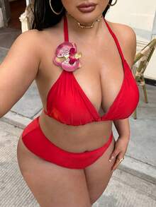 Swim SXY Setelan Baju Renang Wanita 3 Potong Ukuran Plus dengan Hiasan Bunga, Warna Polos, Seksi - Merah - View 7