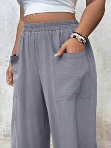 Freevana Plus Size Vacation Casual Pocket Tapered Long Pants Vacation Dusty Blue Summer - Dusty Blue - View 6
