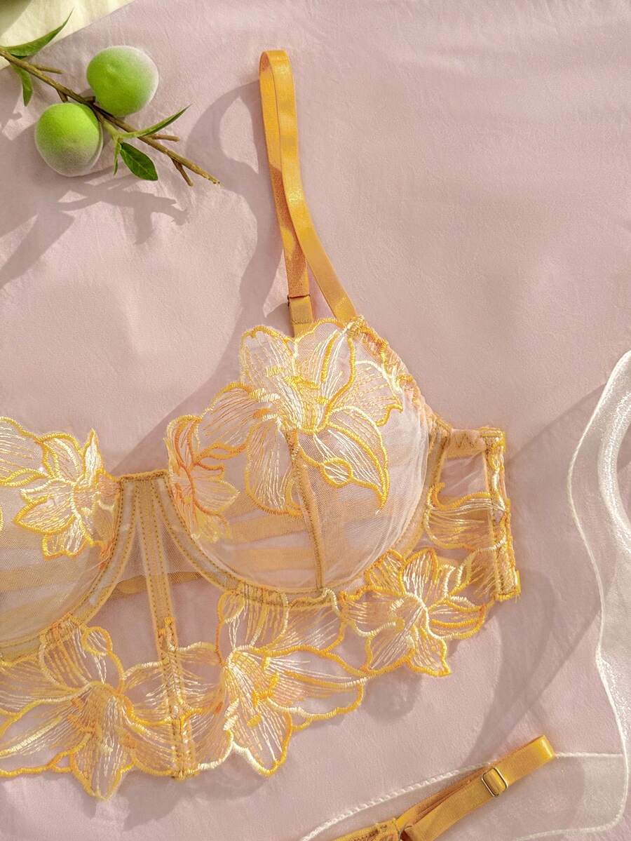 Eraneu Women's Nude Sexy Lingerie Set 2pcs - Yellow - View 1