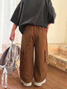 SHEIN 小男孩流行石洗休閒寬腿鬆垮牛仔褲，兒童春夏日常穿著 - 可可 - 查看 5