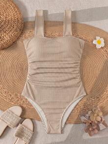 Swim Lushoire Traje de baño de una pieza minimalista para mujer con tirantes fruncidos de unicolor, estilo boho para festival y vacaciones de primavera - Café integral - Ver 3
