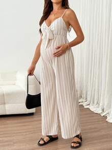 SHEIN Maternity Spaghetti Strap Bow Decor Striped Jumpsuit - Khaki - View 4