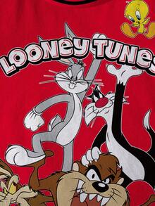LOONEY TUNES X SHEIN 男童夏季休闲撞色条纹卡通字母图案圆领短袖T恤 - 白色 - 查看 4