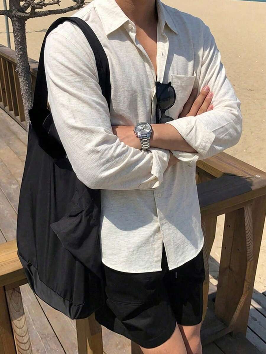 DAZY 長袖素色卡其色寬鬆版型男士襯衫 - 卡其色 - 查看 1