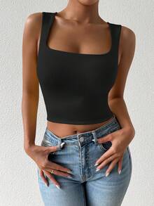 Allurite Top corto de mujer de unicolor simple con escote en U profundo para uso diario - Negro - Ver 2