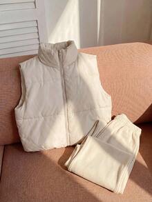 Comfortcana Plus Size Casual Stand Collar Black Padded Vest In Fall/Winter - Apricot - View 5