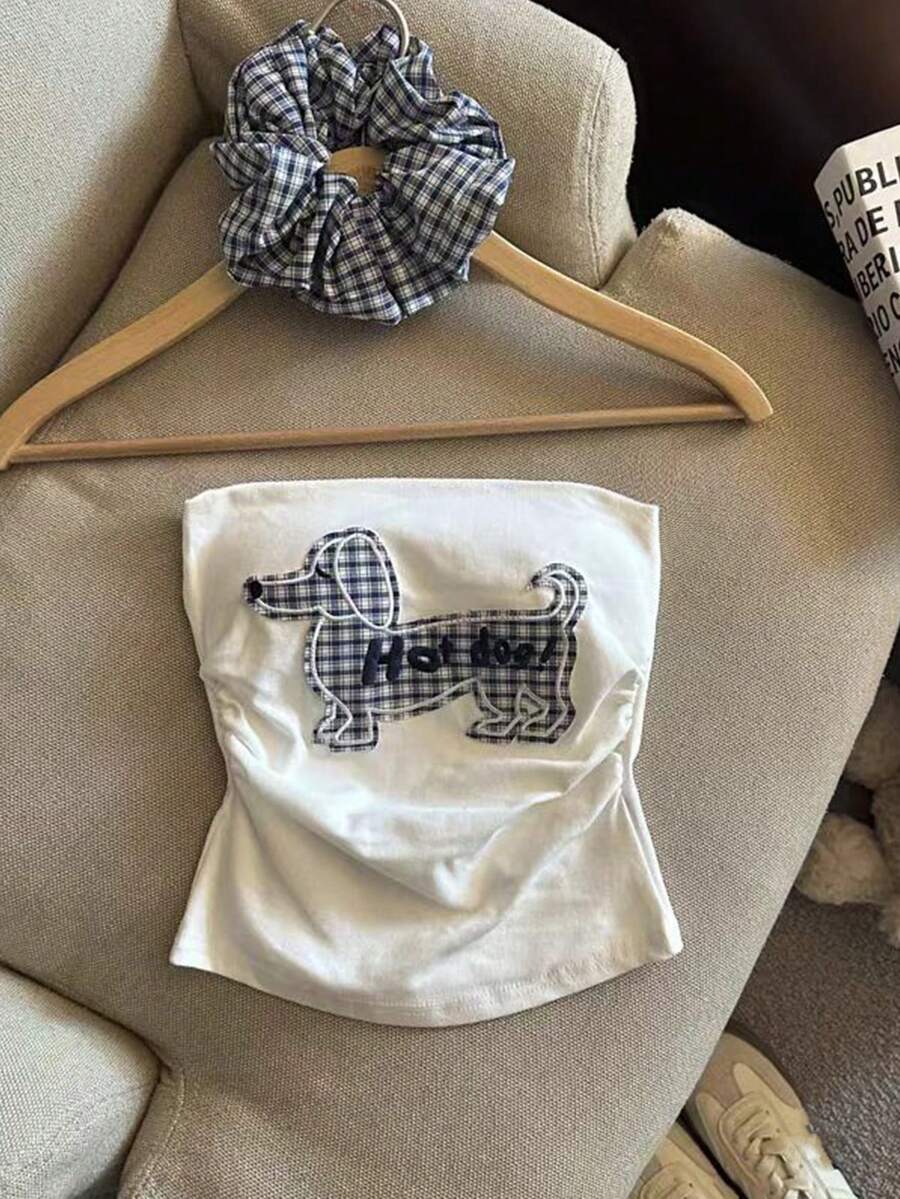 Resyla Atasan Bandeau Wanita Motif Dachshund dengan Detail Kerut - Putih - View 1