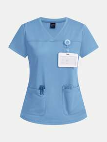 TaskEZ Solid Color V-Neck Short Sleeve Dual Pocket Scrub Uniform Top - Multicolor - View 7