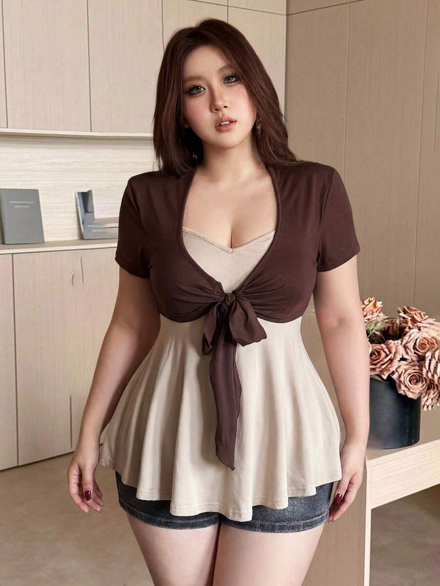 Vibekara Camiseta de mujer 2 en 1 talla grande primavera/verano, cuello en V, manga corta, cintura ceñida, línea A, lazo con nudo, bloques de color, elegante, vintage, juguetona, linda, deseo puro, estilo francés, vacaciones, casual - Multicolor - Ver 1