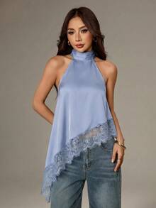 SHEIN PETITE 不對稱高領掛脖上衣 蕾絲飾邊 晚宴派對款 - 淺藍色 - 查看 3