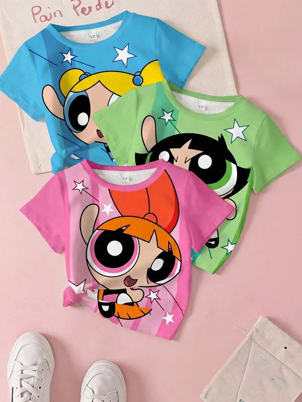THE POWERPUFF GIRLS X SHEIN Camiseta de manga corta con cuello redondo con estampado de Flor, Burbujas y Botón de Oro para niña
