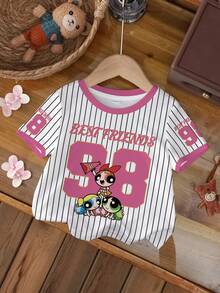 THE POWERPUFF GIRLS X SHEIN 女嬰字母條紋印花圓領短袖休閒T恤 - 白色 - 查看 7
