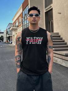 DAZY Kaos Tanpa Lengan Kasual Pria Musim Panas Warna Hitam dengan Motif Huruf dan Kerah Bulat - Hitam - View 5