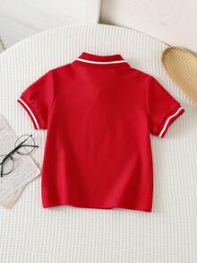 SHEIN 小男孩休閒舒適百搭對比袖POLO領短袖上衣 - 紅色 - 查看 2
