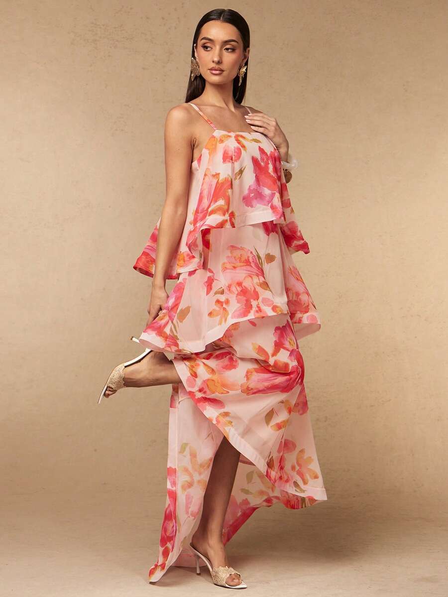 Silquee Pink Floral Maxi Dress Layered Design With Exaggerated Ruffles Elegant European Jamican Sexy Tropical Wedding Summer Mother Of The Bride - Light Yellow - View 1