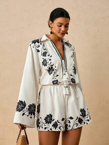 Levarali Plus Size Women's Casual Boho Vacation Floral Print Long Sleeve Shirt And Shorts Set, Everyday Outfit Brunch White Autumn - White - View 6
