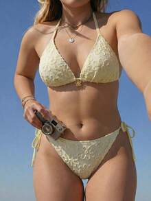 Swim Mod Bikini 2 Potong Warna Kuning untuk Wanita Ukuran Besar, Perlengkapan Penting untuk Liburan Musim Panas di Pantai - Kuning - View 2
