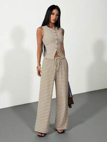 SHEIN PETITE 2件組女款休閒條紋前扣長袖上衣與寬腿褲套裝，秋季條紋兩件套 - 彩色 - 查看 6