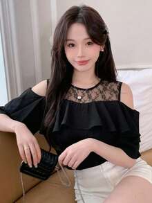 DAZY Contrast Mesh Short Sleeve Round Neck Ruffle Trim Women's Blouse - Black - View 4